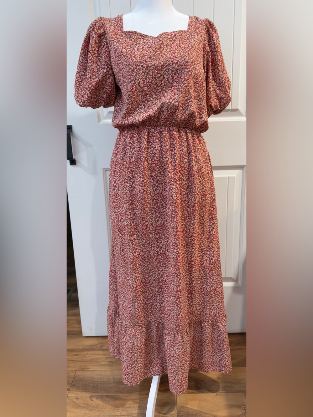 Roolee Red Floral Ruffle Hem Puff Sleeve Maxi Dress Women’s Size Small | Summer